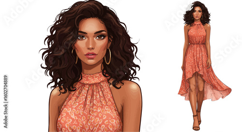 Illustration of a woman with curly hair wearing a peach dress and hoop earrings in a full body view