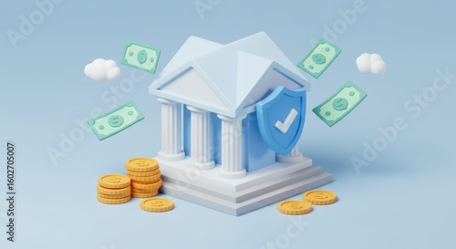 3d illustration of a bank building with flying money and coins symbolizing financial security