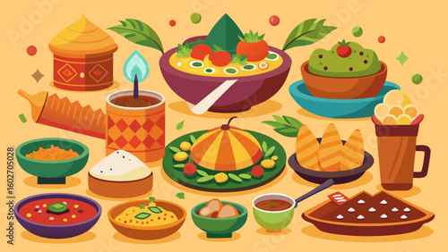 Vector art of an array of delicious indian food items including curries sweets and snacks is presented attractively on a warmtoned background