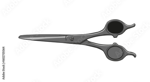 Illustration of a pair of gray metal hair cutting scissors with black finger holes on a white background