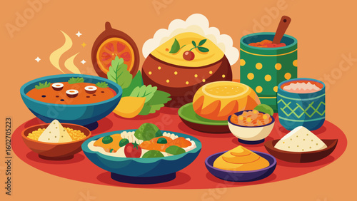 Vector art of a delightful collection of indian food items featuring various bowls of curry rice and accompaniments is displayed on a warm orange surface