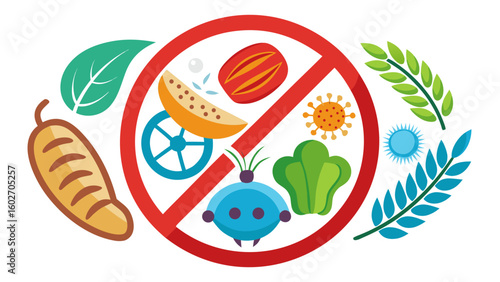 Vector art of a clear prohibition symbol overlays various food items and abstract representations of germs symbolizing a warning against unhealthy or contaminated