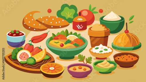 Vector art of an appetizing spread of indian cuisine including flavorful curries fresh vegetables and sweet desserts is artfully arranged on a light yellow