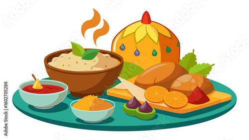 Vector art of a colorful and artistic illustration of a traditional indian thali meal served on a platter with various dishes and accompaniments