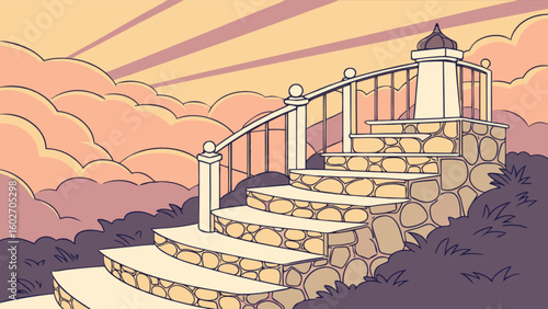 Whimsical stone stairway to sunset clouds, inviting dreamlike journey, symbolizing hope, aspiration, and upward mobility, originally a scalable vector graphic, perfect for storybooks