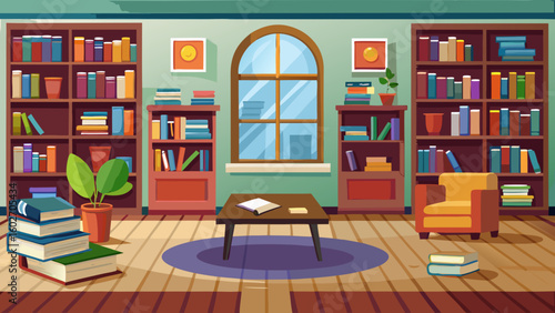 Vector art of a cozy library interior scene with tall bookshelves filled with books a comfortable armchair a coffee table with books and a large arched window