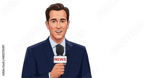 Illustration of a news reporter holding a microphone ready to deliver the latest information