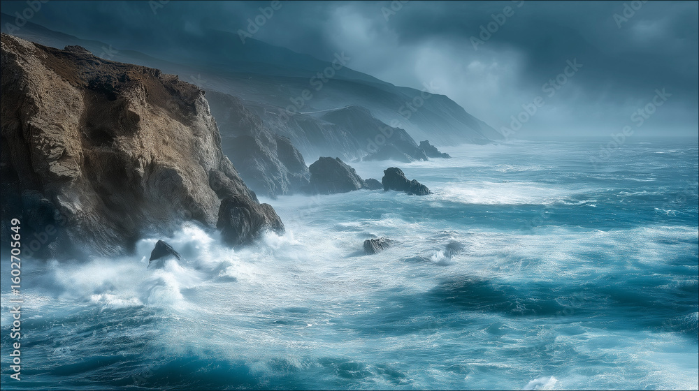 Fototapeta premium Waves crashing against coastal cliff during hurricane conditions, photorealistic stormy sea