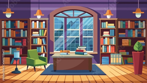 Vector art of an elegant library room features extensive bookshelves a central desk with a chair a plush armchair and a large arched window overlooking scenery