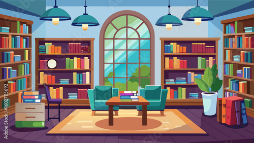 Vector art of a welcoming library space is furnished with comfortable seating a coffee table and floortoceiling bookshelves surrounding a large arched window