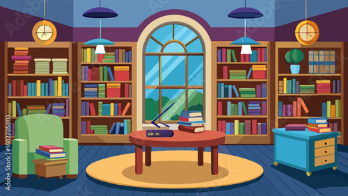 Vector art of an elegant library room with floortoceiling bookshelves a round central table with books and a lamp a comfortable armchair and a large arched window