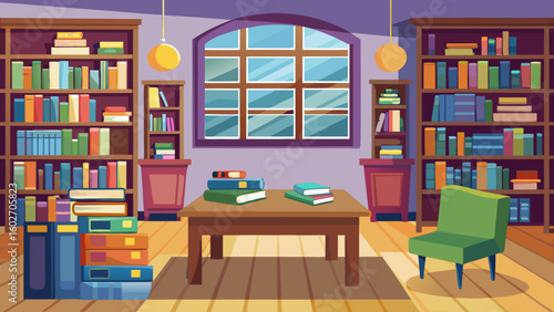Vector art of a warm and inviting library setting with numerous bookshelves a wooden table holding stacks of books a green chair and a large window with a view