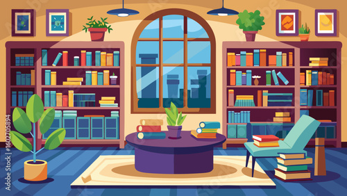 Vector art of a beautifully designed library room featuring extensive bookshelves a low table with books a comfortable recliner and a large arched window with city