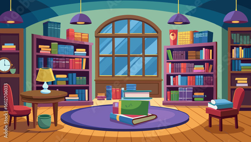 Vector art of a charming library interior with bookshelves a round table chairs and a large arched window showing a nighttime city view