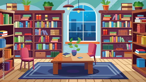 Vector art of a cozy library interior at night filled with bookshelves and a large window overlooking a city skyline with a table and chairs for reading
