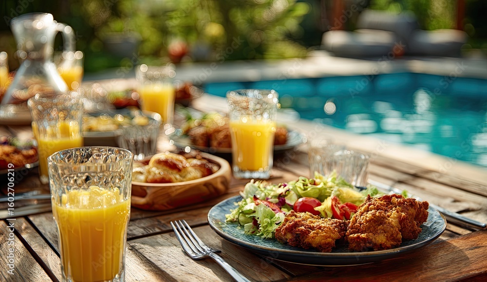 Outdoor dining by a pool, a meal with crispy fried chicken, salad, and juice Outdoor dining by a pool, a meal with crispy fried chicken, salad, and juice