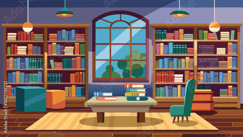 Vector art of a cozy library interior featuring tall bookshelves filled with colorful books a central table with stacked books and a comfortable armchair by a large