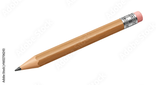 A single wooden pencil with a pink eraser and a graphite point laying on a white background surface