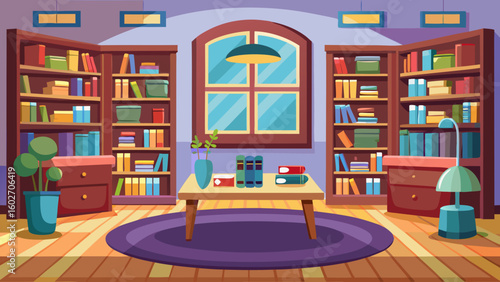 Vector art of a warm and inviting library room with two sets of bookshelves a central table adorned with books and a vase a comfortable chair and a round rug