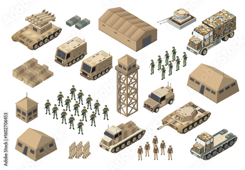 Military base with soldiers, vehicles and buildings isometric set