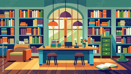 Vector art of a cozy welllit library interior featuring floortoceiling bookshelves filled with colorful books a comfortable armchair and a wooden desk with a