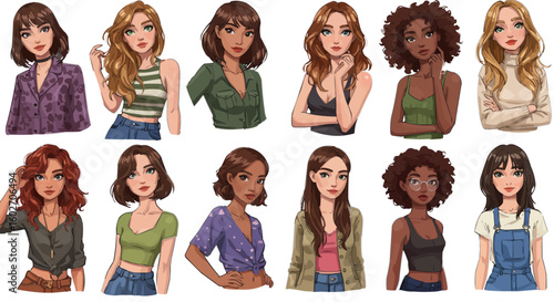 A collection of twelve diverse cartoon women with various hairstyles and outfits in a portrait format