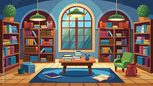 Vector art of an elegant library interior with symmetrical bookshelves a central wooden table with books a green armchair and a large arched window with pendant