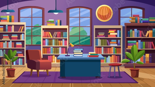 Vector art of a cozy library interior with bookshelves filled with books a comfortable chair and a desk with a lamp