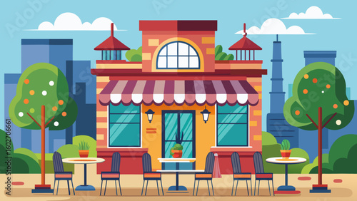 Vector art of a charming cafe building with outdoor seating tables and chairs surrounded by trees under a cloudy blue sky