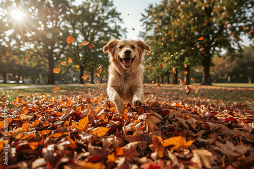 Golden Retriever Dog Jumps into a Pile of Autumn Leaves