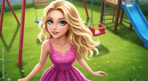 A blonde girl in a pink dress stands smiling in front of a playground with swings and a slide set