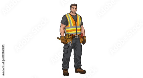 Illustration of a construction worker wearing a safety vest and tool belt standing tall and looking forward
