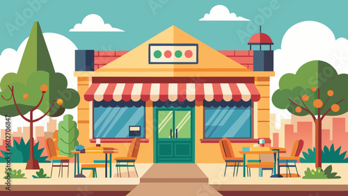 Vector art of a charming flat illustration of a cozy cafe with outdoor seating and trees on a bright sunny day