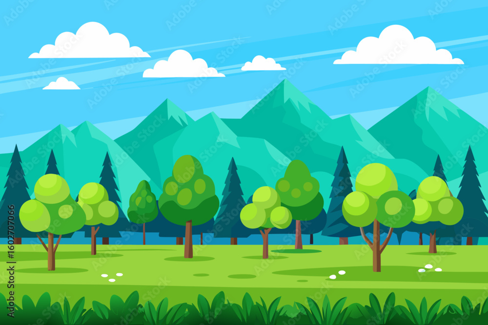 Naklejka premium Cartoon Landscape with Green Trees and Mountains