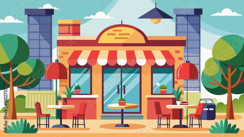 Vector art of a vibrant illustration of a cafe with a prominent awning outdoor tables and chairs surrounded by lush greenery and city buildings under a bright sky
