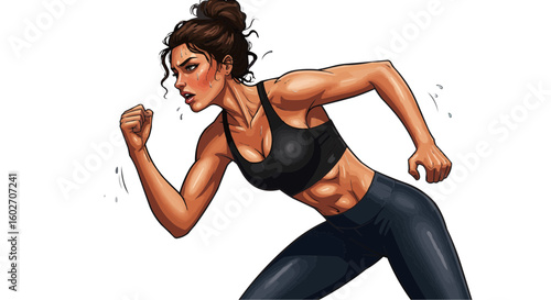 Illustration of a strong woman in athletic wear running with determined expression on a white background