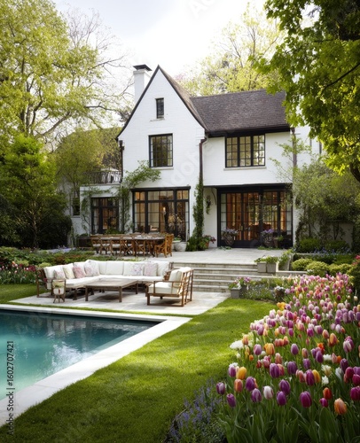 White house, patio, pool, garden. Lush landscaping surrounds a modern home with a pool