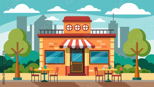 Vector art of a vibrant flat illustration showcases a modern cafe with outdoor seating and trees set against a city skyline backdrop