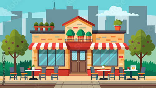 Vector art of an illustrated exterior of a modern cafe featuring a striped awning outdoor seating a balcony and surrounding trees