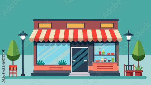 Vector art of a modern shop front with large windows displaying goods flanked by street lamps and trees