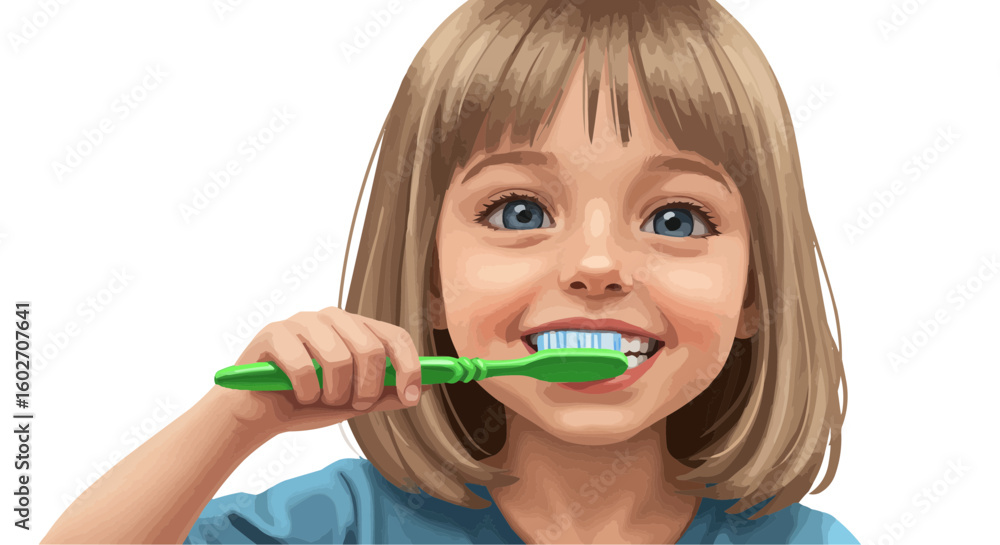 A young girl with blonde hair smiles while brushing her teeth with a green toothbrush in the morning light A young girl with blonde hair smiles while brushing her teeth with a green toothbrush in the morning light