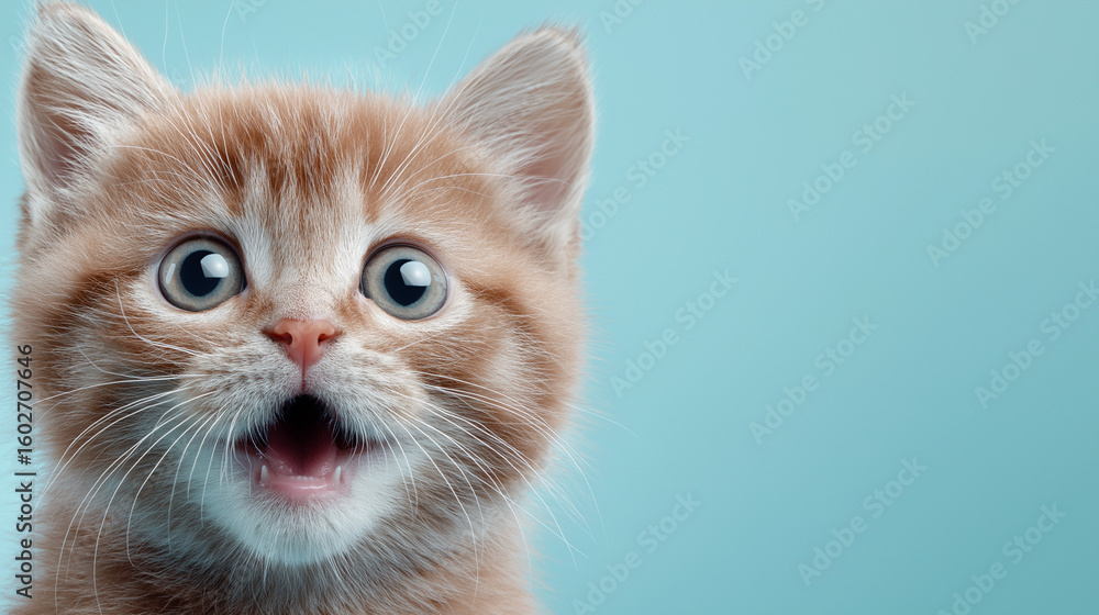Fototapeta premium Adorable surprised kitten on blue background