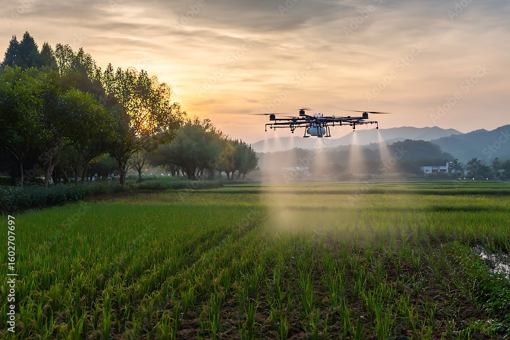 Fototapeta premium A drone spraying techniques on rice fields in the morning light