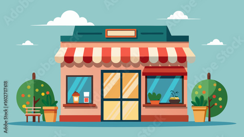 Vector art of a simple flat illustration of a quaint local shop with a red and white striped awning large glass windows and potted plants outside