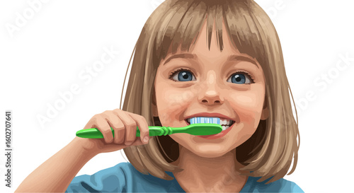 A young girl with blonde hair smiles while brushing her teeth with a green toothbrush in the morning light