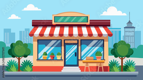 Vector art of a modern flat illustration of a small retail shop with a striped awning display window and a table outside set against a city skyline