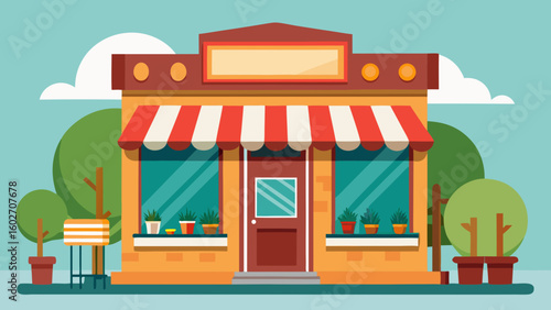 Vector art of a charming flat illustration of a small retail store with a red and white striped awning and potted plants outside on a sunny day