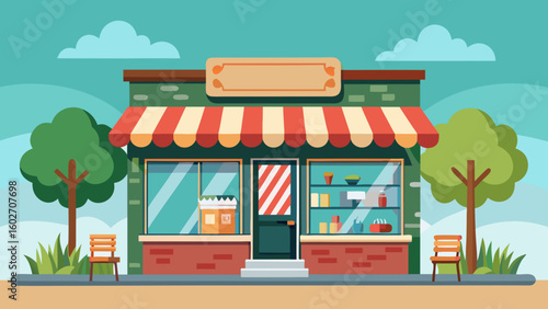 Vector art of an inviting flat illustration of a local shop with a red and white awning display windows and two wooden chairs on the sidewalk