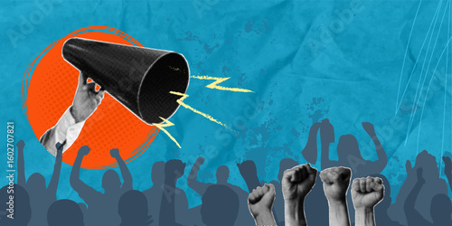 Trendy halftone collage of fists raised in protest and megaphone held by cut out hand encouraging protesters. Social justice concept. Budget.