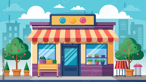 Vector art of a vibrant flat illustration depicts a colorful shop with a striped awning multiple windows and fruit trees flanking the entrance on a clear day